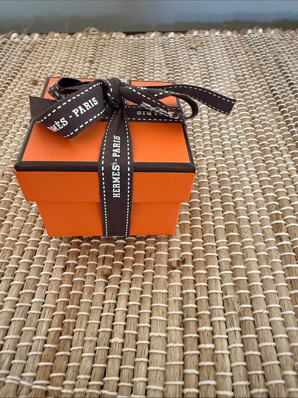 Hermes Orange Box with Black Branded Ribbon, 2.75x2.75 & small shopping bag